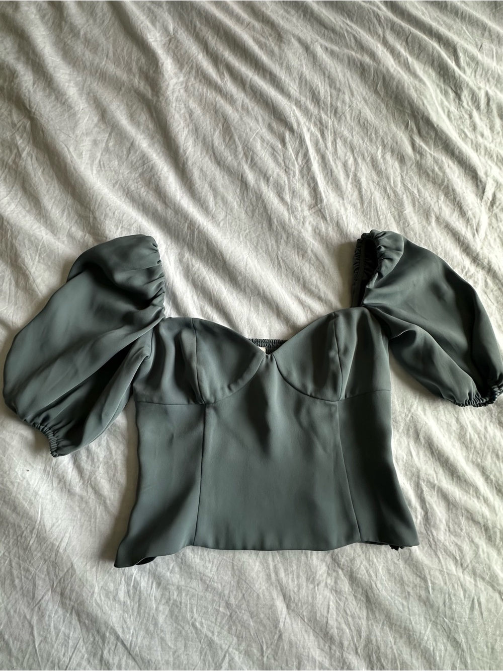 Fred Sage Green Puff Sleeve Sweetheart Crop Top